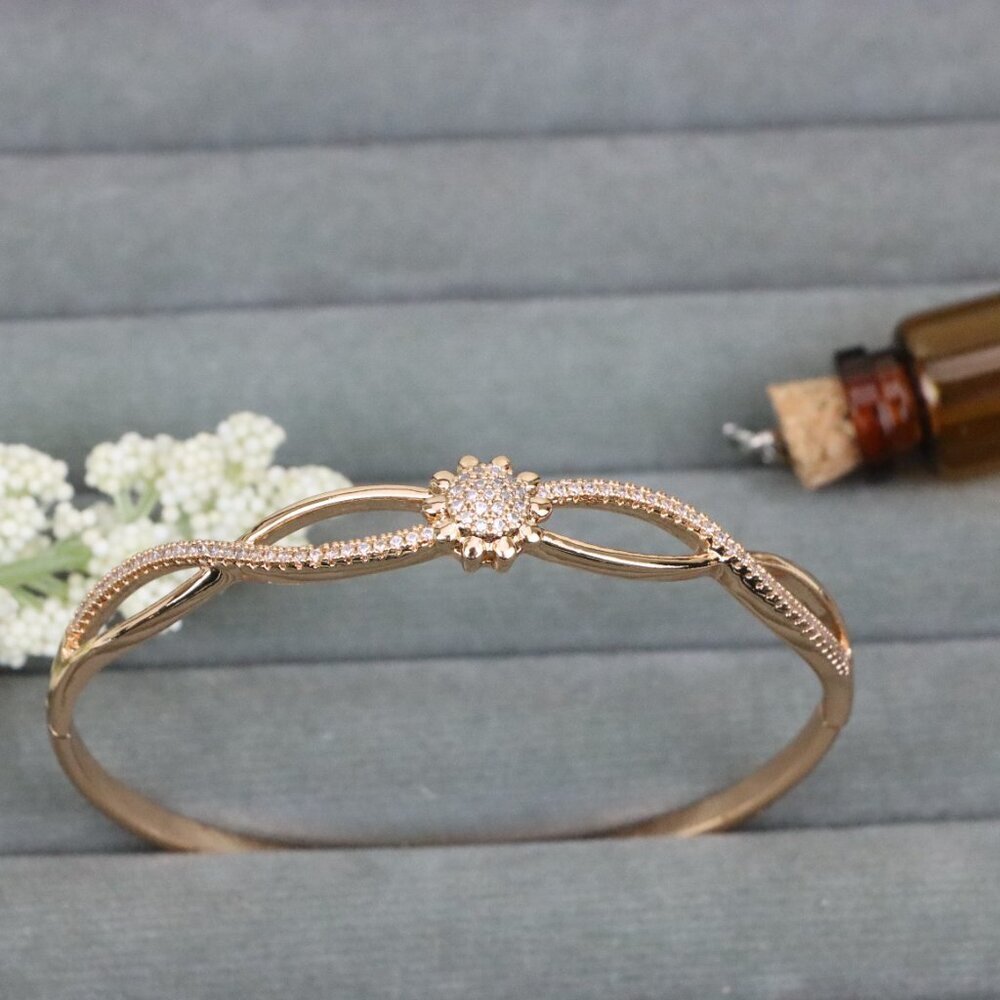 Elegant Rose Gold Bangle with Floral CZ Detailing, XPBL0502